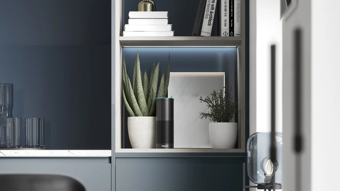 An open shelf within a Camden Midnight Kitchen