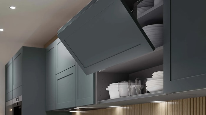 Aventos unit in an Intelliga Chester Cloudy Blue Kitchen