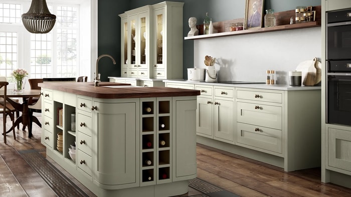 Heritage Sage Kitchen with an island and wine rack
