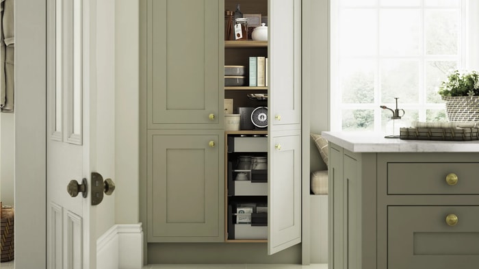Open larder unit in a Heritage Sage Kitchen
