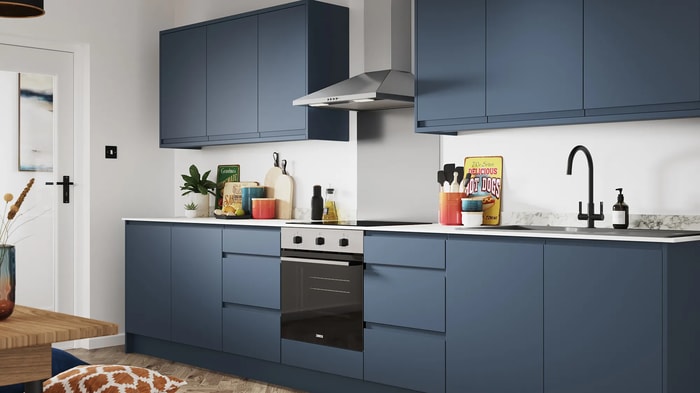 Madison Marine Blue Kitchen with an integrated oven, induction hob and hood