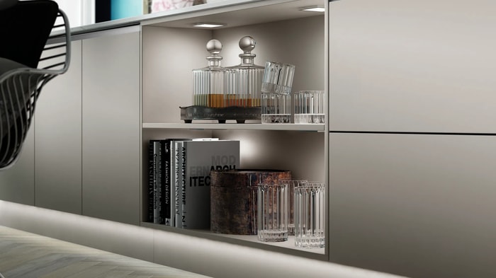 Open base shelf in an Intelliga Melrose Dove Grey Kitchen