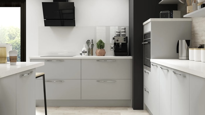 Melrose Dove Grey Kitchen with an induction hob and a hood