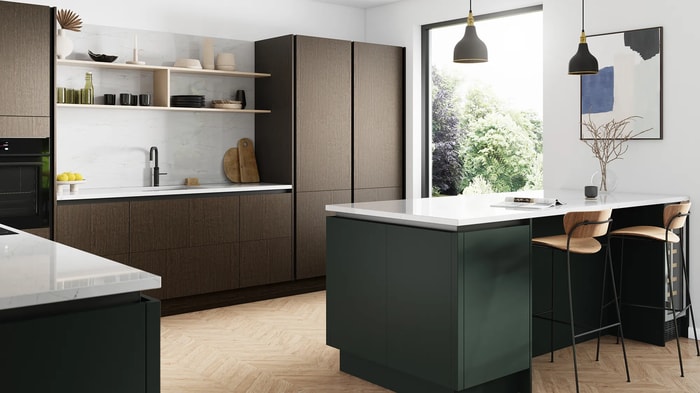 Natura Dusk and Sanford Forest Green Intelliga Kitchen units