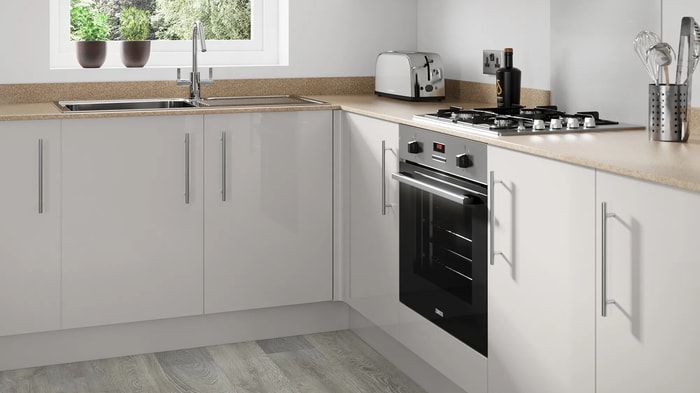 Orlando Grey Kitchen with sink and tap underneath the window