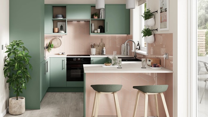 Orlando Reed Green Kitchen with pink tiles