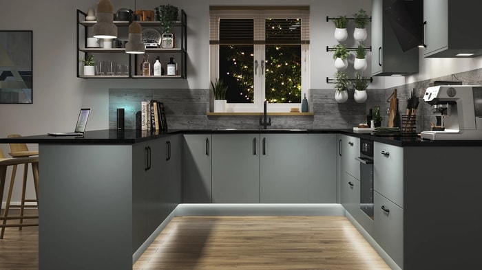 Sandford Cloudy Blue Kitchen with sink and tap underneath the window