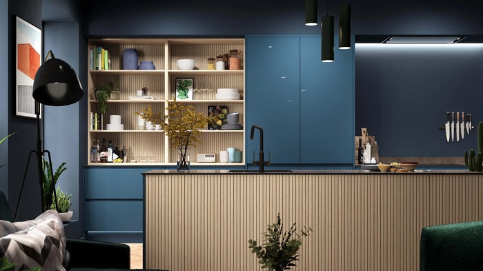 Shelving display in a Sofia Marine Blue Kitchen