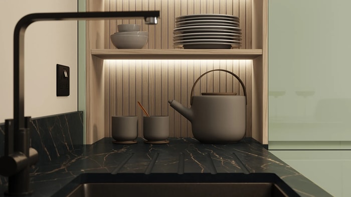 Display shelves in a Sofia Reed Green Kitchen